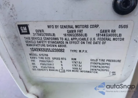 2005 GMC Yukon Denali z USA, uszkodzony, nr VIN 1GKEK63U55J239082